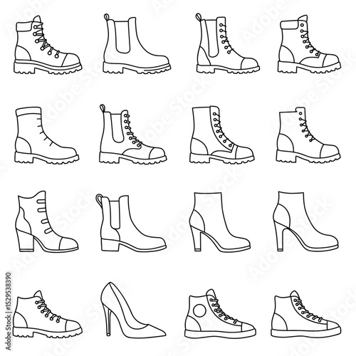 Shoe line icon set. High heels sandal, cowboy boots, hiking footwear, sneakers, slipper minimal vector illustrations. Simple outline signs for fashion application. 30x30 Pixel Perfect. Editable Stroke