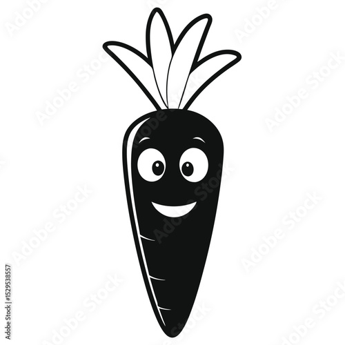 The single black and white carrot character has big eyes and a wide smile