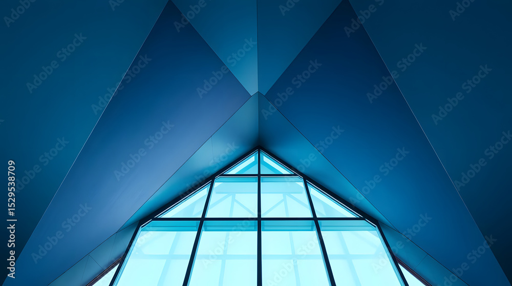 Obraz premium Geometric blue ceiling with triangular window creates an abstract design