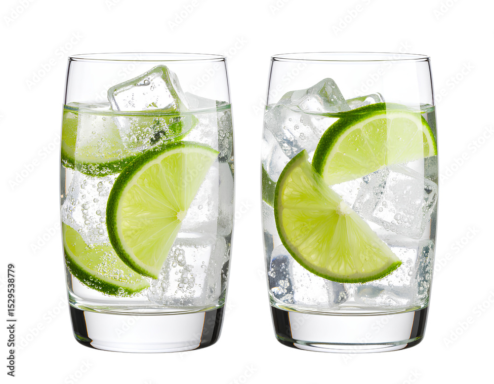 Pair of Gin and Tonic Glasses with Lime Slices and Ice Cubes, Isolated PNG Pair of Gin and Tonic Glasses with Lime Slices and Ice Cubes, Isolated PNG