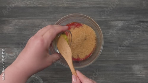A person is mixing ketchup mustard and brown sugar in a bowl to create a sweet and savory glaze. This sauce is for topping a classic homemade meatloaf before baking in the oven
