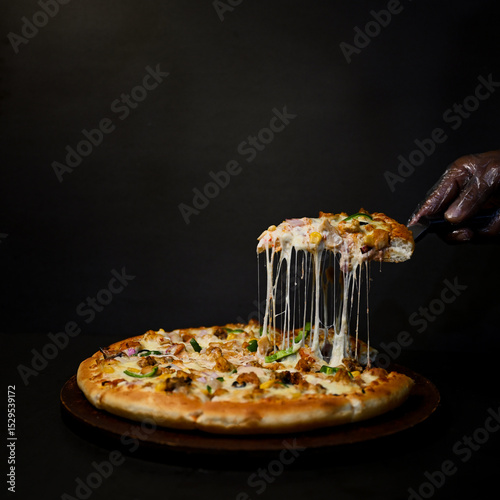 Delicious cheese stringy slice lifted of full supreme pizza baked fresh out of the oven next to ingredients