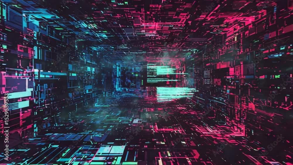 Neon-lit data tunnel with glitching code in digital environment  