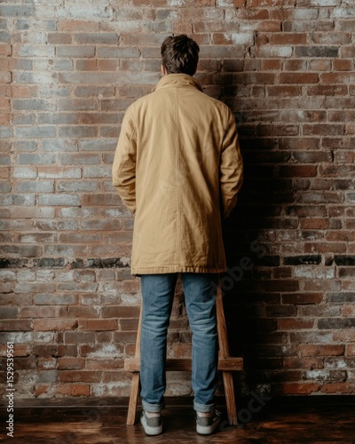 Man standing quietly against a brick wall.