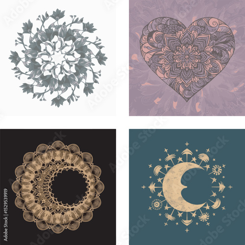 Collection of intricate floral and geometric mandala designs with heart and moon symbolism for elegant decoration elements