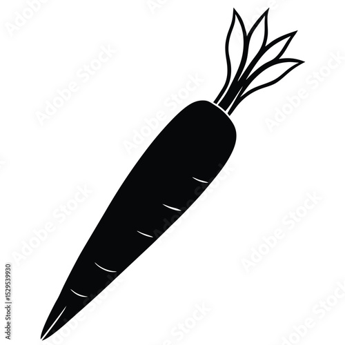 Silhouette of a long black carrot with green leafy tops points to the right