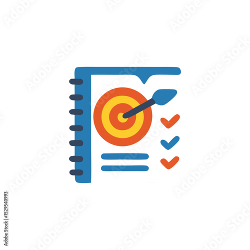 Notebook Icon with Target, Dart, and Checkmarks Goal Achievement and Planning Concept
