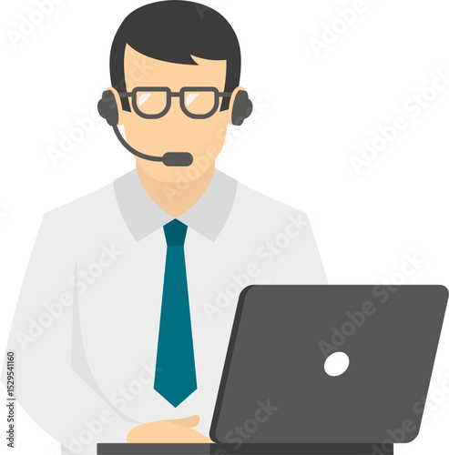 Customer service representative with headset working on a laptop computer
