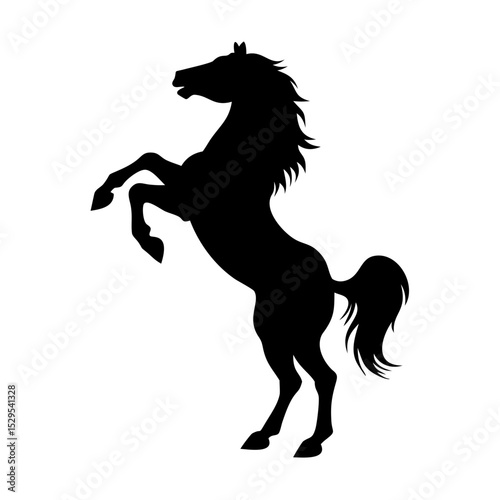 A black silhouette of a horse rearing up on its hind legs, mane and tail flowing dramatically.