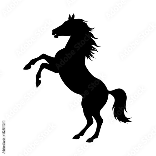 A black silhouette of a horse rearing up on its hind legs, mane and tail flowing dramatically.
