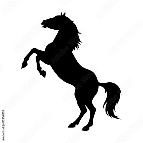 A black silhouette of a horse rearing up on its hind legs, mane and tail flowing dramatically.