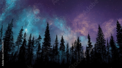 Wallpaper Mural Silhouettes of dense pine trees on a ridge, sharp black against a glowing cosmic sky with swirling nebulas Torontodigital.ca