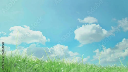 Enchanting Scenery of Lush Green Grassland under a Vast Blue Sky with Floating White Clouds: A Serene Natural Tapestry