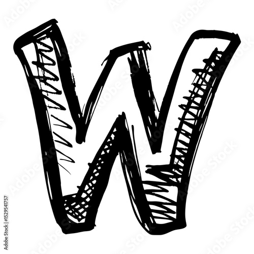 Hand-drawn stylized letter W in black ink on white background  