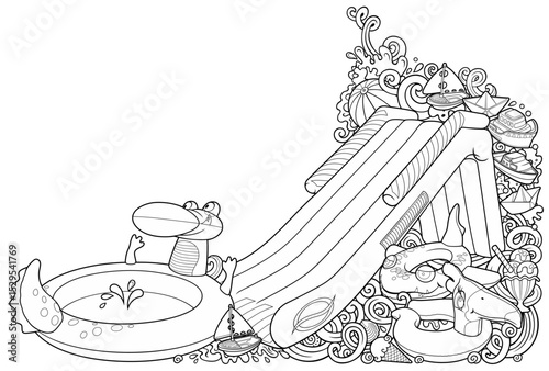 Line art summer beach scene with tents, inflatables, drinks, and accessories. Fun and detailed horizontal illustration ideal for banners, web headers, kids’ themes, and vacation promotions.