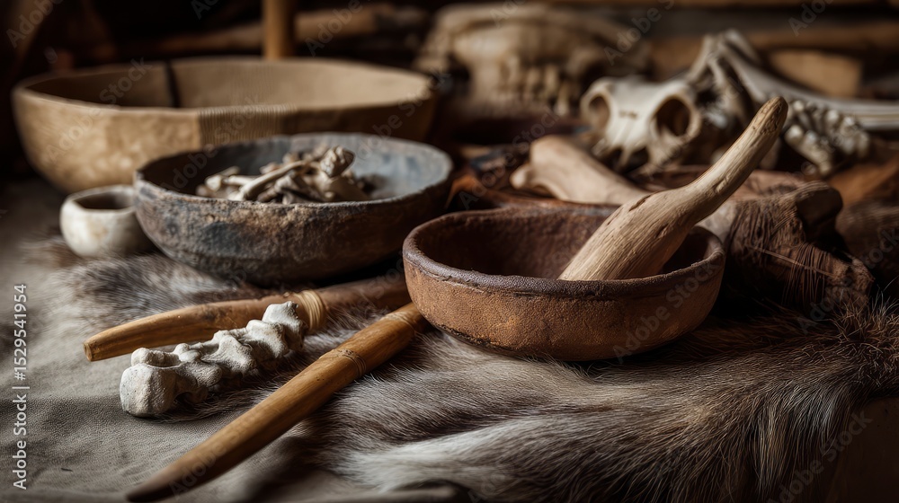Still life of animal bones, clay bowls, and wooden tools on fur, prehistoric survival scene Still life of animal bones, clay bowls, and wooden tools on fur, prehistoric survival scene
