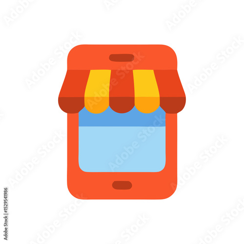 Mobile Phone with Shop Awning Icon Flat Design for E-commerce and Online Retail