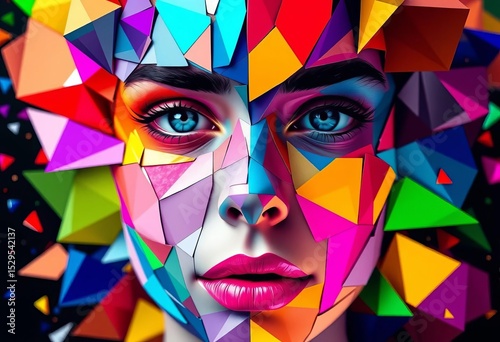 Shattered facets of color explode into a geometric face, vibrant hues in sharp angles, vibrant, face art photo