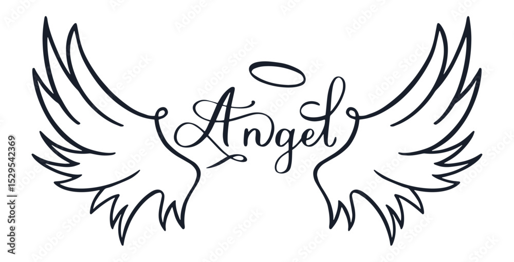 Obraz premium Hand drawn angel wings adorned with a halo and accompanied by elegant handwritten lettering symbolize divine beings, embodying themes of spirituality, purity, and celestial grace