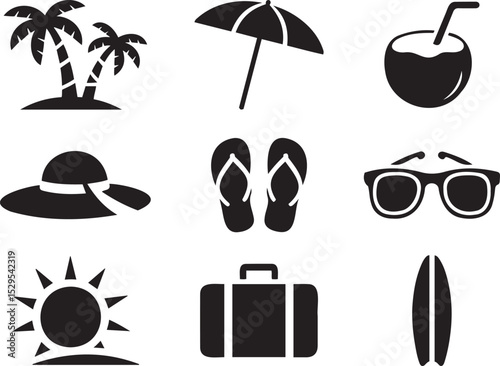 Set of summer vacation icons, including palm trees, umbrella, coconut drink, hat, sunglasses, flip-flops, suitcase, and surfboard. 