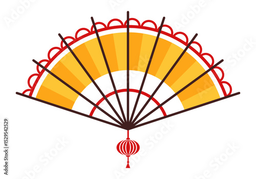 Golden and red hand fan with traditional chinese ornaments hanging, representing culture, art and decoration, isolated on a white background