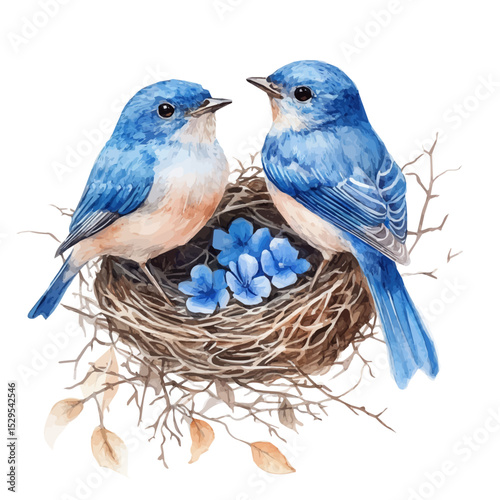 Bluebirds Nest Of Petals, watercolor clipart vector, high quality, isolated on a white background.