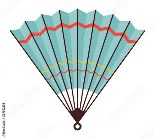 Traditional japanese fan with light blue and red decorations is waving, creating a sense of elegance and freshness, perfect for summer or cultural events