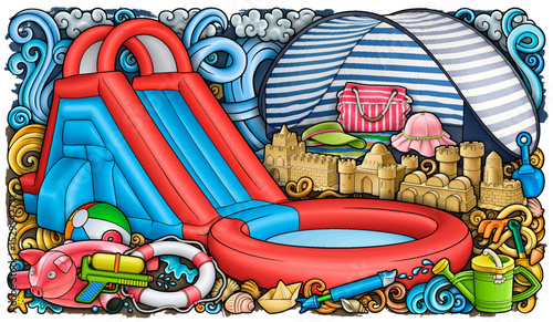 Bright summer beach scene with tents, inflatables, drinks, and accessories. Fun and detailed horizontal illustration ideal for banners, web headers, kids’ themes, and vacation promotions.