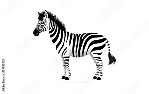 Painting of a black and white zebra standing looking at a white background.