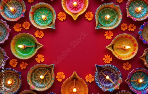 Colorful Diyas (oil lamps) for Diwali festival, creating a festive ambiance. A vibrant overhead view of multiple diyas, traditional Indian oil lamps, in various colors (reds, greens, blues, golds.