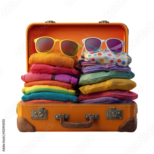 Packed Suitcase with Summer Travel Clothes, and Vacation.