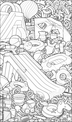 Line art beach and water park illustration full of inflatable toys, slides, tents, sandcastles, and summer accessories. Fun, detailed, and perfect for vacation or kids’ content.
