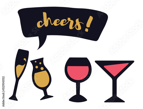 Cheers ringing out with flutes of champagne, glasses of beer, wine, and colorful cocktails, creating a joyful atmosphere for celebrations, parties, and festive gatherings
