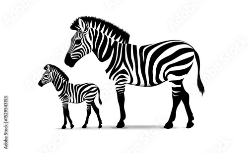 Mother zebra and her baby, black and white, white background.