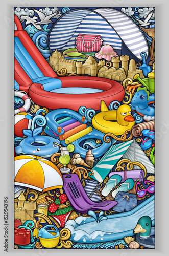 Colorful beach and water park illustration full of inflatable toys, slides, tents, sandcastles, and summer accessories. Fun, detailed, and perfect for vacation or kids’ content.