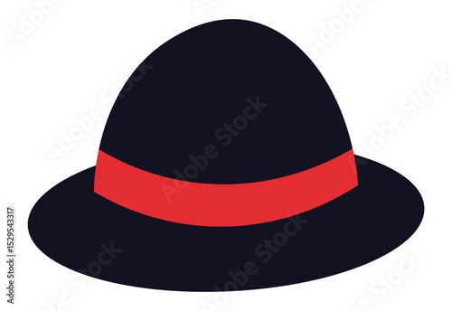 Classic black bowler hat featuring a vibrant red ribbon, adding a touch of sophistication and style, perfect for formal occasions or retro inspired looks