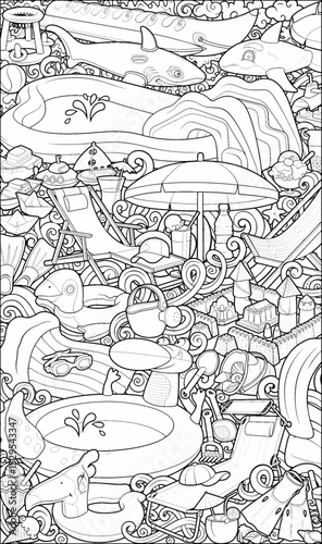 Line art beach and water park illustration full of inflatable toys, slides, tents, sandcastles, and summer accessories. Fun, detailed, and perfect for vacation or kids’ content.