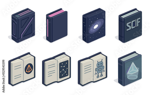 Science Fiction Book Mockups Concept isometric set. Futuristic cover design, neon-lit page edges, galaxy background, metallic title font, sci-fi symbol