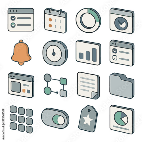 Digital productivity apps isometric set. to-do list window, calendar event card, habit tracker ring, time tracking dashboard, task reminder bell, focus