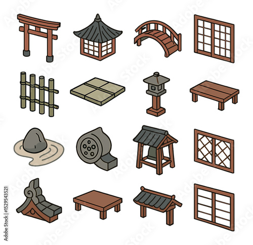 Traditional Japanese architecture isometric set. wooden torii gate, tiled pagoda roof, paper sliding door, curved bridge, bamboo fence, tatami mat floor.
