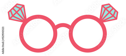 Funny pink glasses adorned with two engagement rings, celebrating a bachelorette party and embodying themes of love, commitment, and the excitement of upcoming marriage