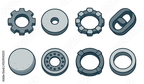 Industrial Circle Logos Concept isometric set. Gear circle, metal disc, bolt ring, mechanical loop, concrete sphere, steel rim, heavy-duty circle logo.
