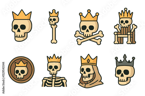 Crowned Skulls Concept isometric set. Skull with golden crown, bone scepter, royal remains, throne of bones, ancient skull emblem, crowned skeleton, undead