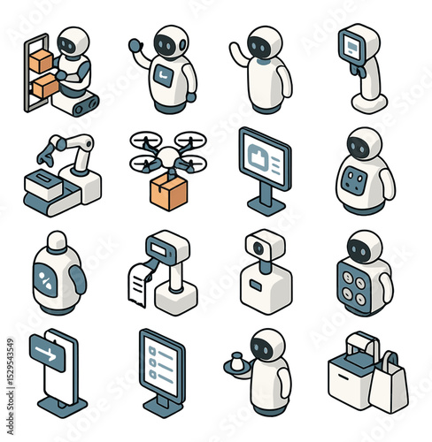 Retail robot assistant isometric set. shelf restocking robot, shopping guide bot, customer greeting robot, smart pricing scanner, robotic checkout unit.