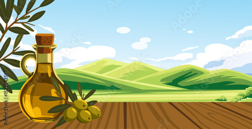 Olive oil bottle, olives, and branches on wood, with a hilly landscape.