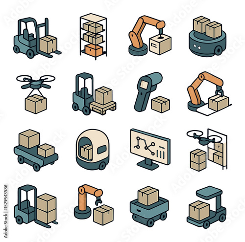 Warehouse robot assistant isometric set. autonomous forklift, shelf-scanning bot, package labeling arm, robotic sorting unit, inventory drone.