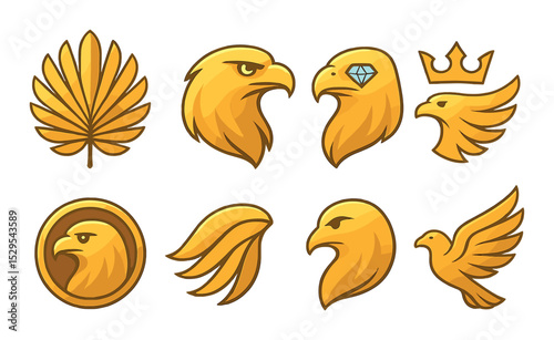 Luxury Eagle Concept isometric set. Gold feather crest, polished eagle head, diamond eye eagle, crown and wings, premium eagle seal, elegant wing flow.
