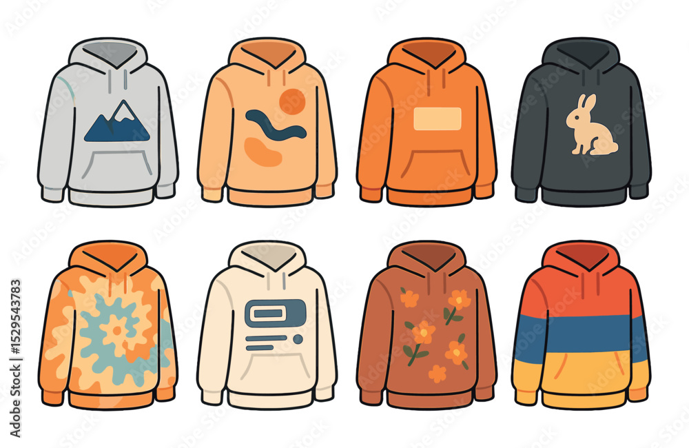 Printed Hoodie Concepts Concept isometric set. Hoodie with mountain print, abstract shapes hoodie, hoodie with text patch, animal graphic hoodie, tie-dye