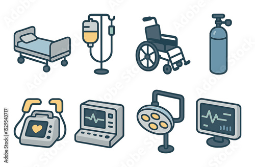 Hospital Equipment Concept isometric set. Hospital bed, IV drip, wheelchair, oxygen tank, defibrillator, ECG machine, surgical light, hospital monitor