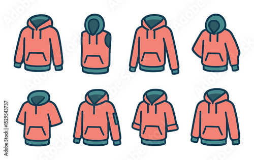 Hoodie Sleeve Variations Concept isometric set. Hoodie with raglan sleeves, sleeveless hoodie, extra-long sleeve hoodie, batwing sleeve hoodie, cropped